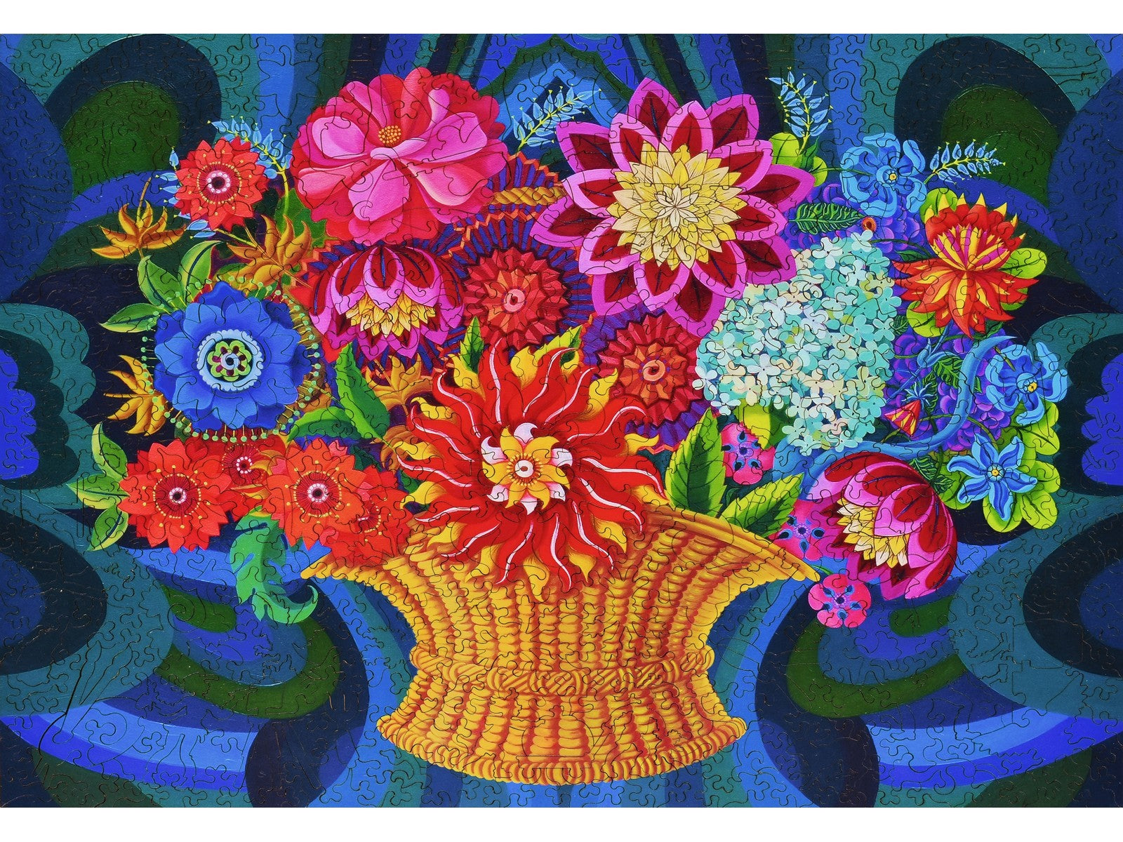 The front of the puzzle, More Blooms in a Basket, which shows a bouquet of flowers in a basket.
