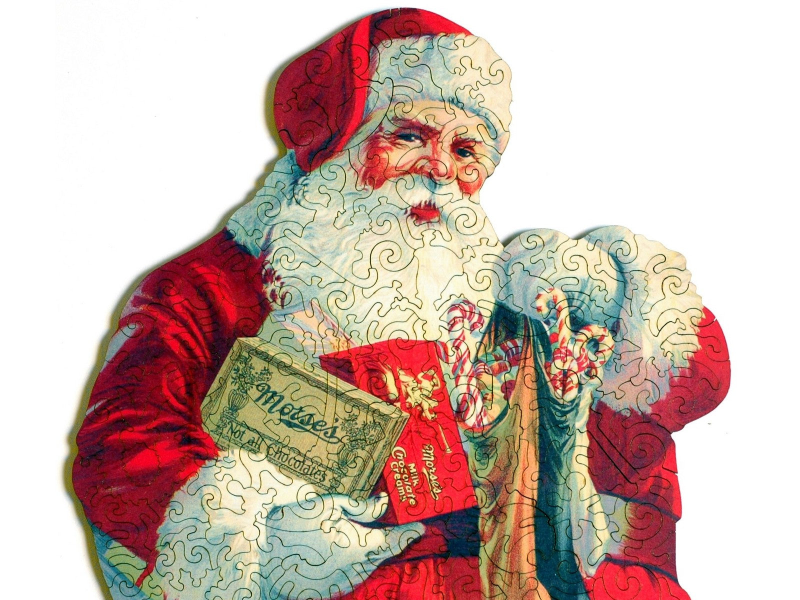 A closeup of the front of the puzzle, Morse's Santa Claus.