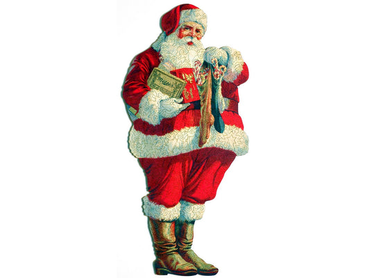 The front of the puzzle, Morse's Santa Claus, which shows Santa Claus holding candy and chocolates.