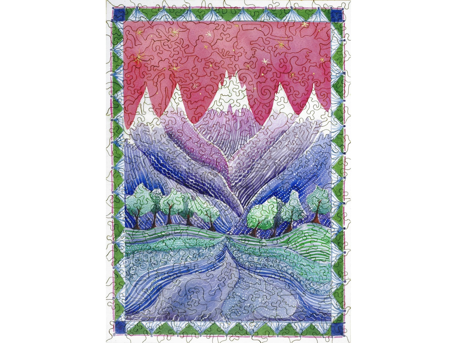 The front of the puzzle, Mountain Majesty, which shows a watercolor painting of green fields, purple mountains, and a pink sky with golden stars.
