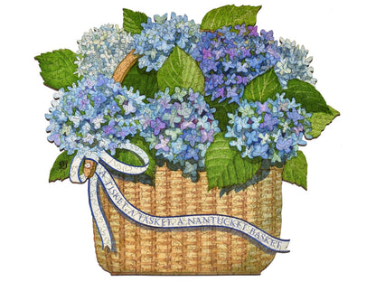 The front of the puzzle, Nantucket Basket, which shows a basket of blue flowers with a ribbon on which are the words "a tisket a tasket a nantucket basket".