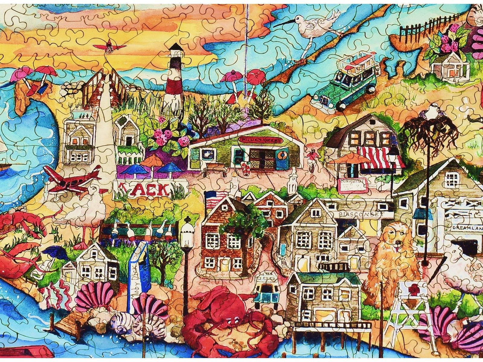 A closeup of the front of the puzzle, Nantucket, showing the detail in the pieces.