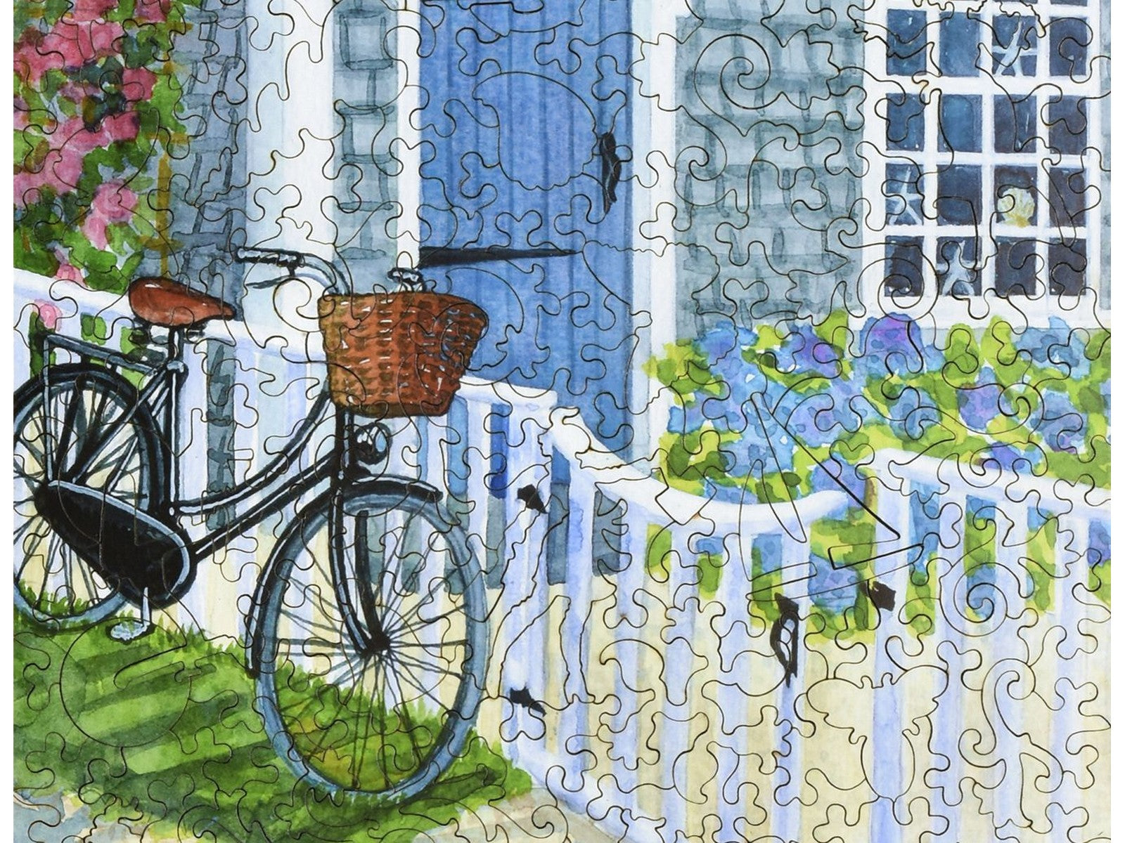 A closeup of the front of the puzzle, Nantucket Postcard, showing the detail in the pieces.