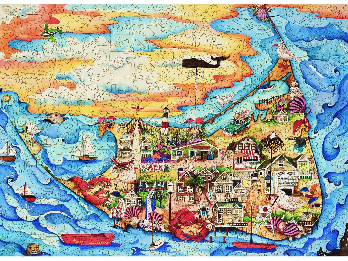 The front of the puzzle, Nantucket, which shows an island with a lighthouse.