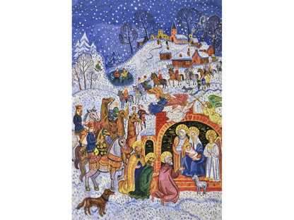 The front of the puzzle, Nativity, which shows a snowy scene of the birth of Christ.