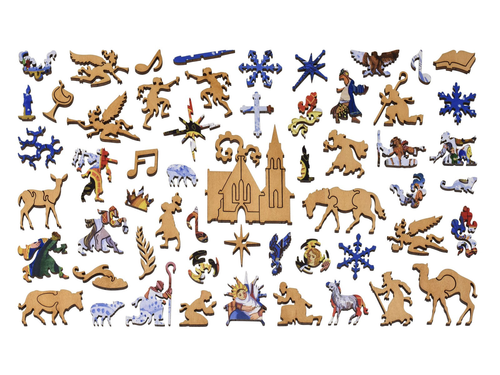 A closeup of the whimsy pieces that can be found in the puzzle, Nativity.