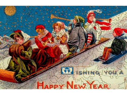 A closeup of the front of the puzzle, New Year's Toboggan.