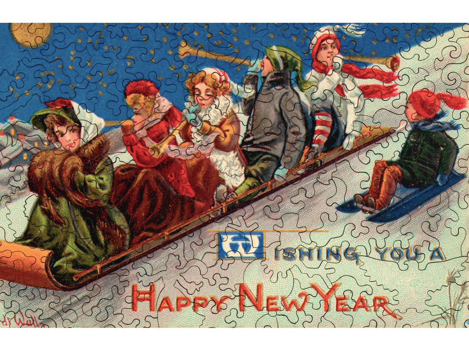 A closeup of the front of the puzzle, New Year's Toboggan, showing the detail in the pieces.