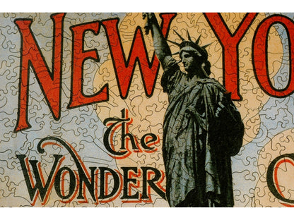A closeup of the front of the puzzle, New York the Wonder City.