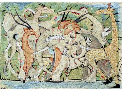 The front of the puzzle, On the Ngare Ndare River, which shows an abstract depiction of overlapping African animals.