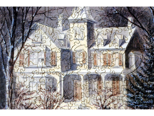 A closeup of the front of the puzzle, Snowy Sleigh Ride.
