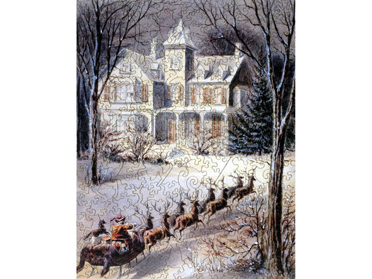 The front of the puzzle, Snowy Sleigh Ride, which shows Santa Claus in his sleigh in front of a large house.