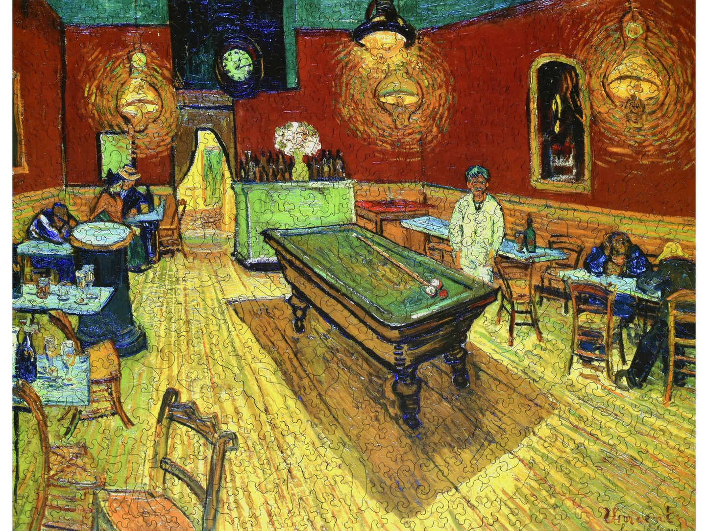 The front of the puzzle, Night Cafe, which shows the interior of a restaurant/bar with a pool table in the middle of the room.