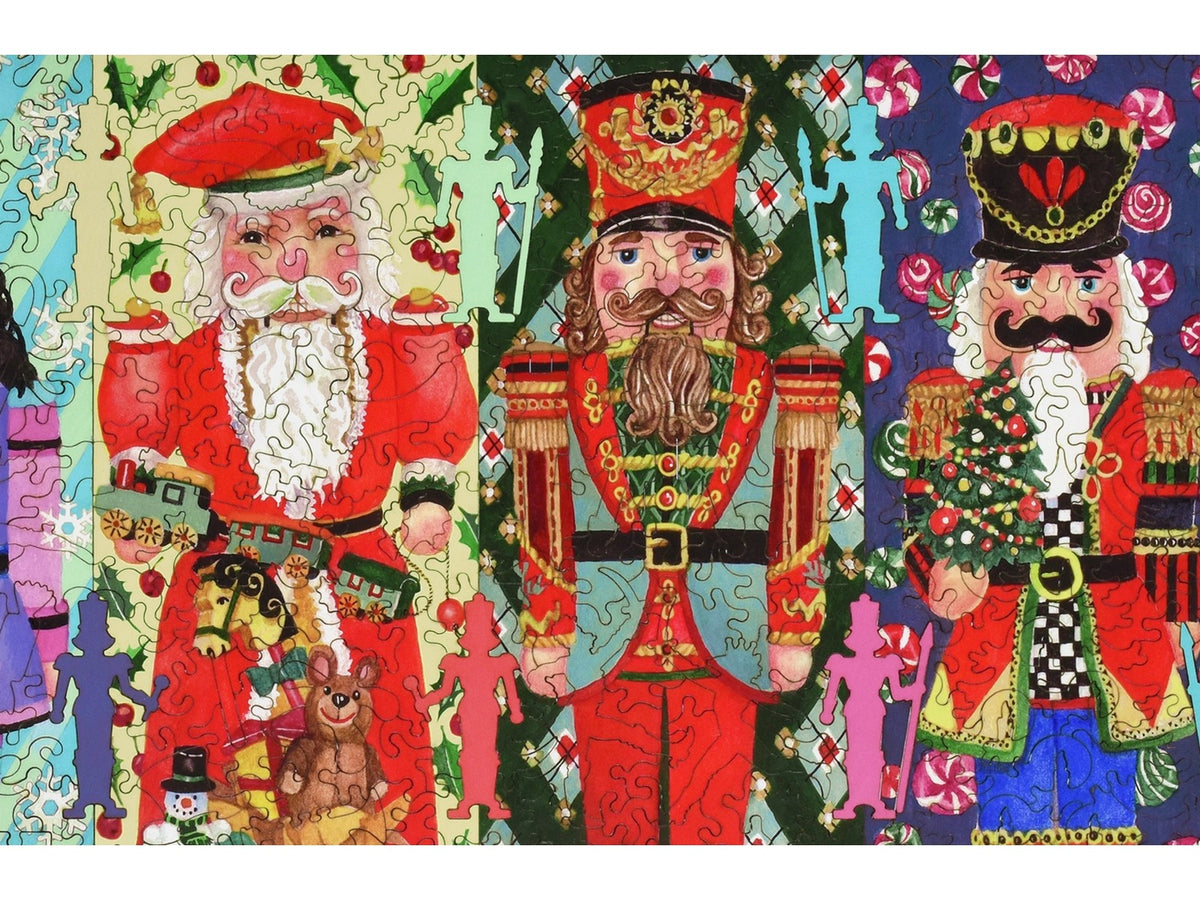 A closeup of the front of the puzzle, Nutcrackers, showing the detail in the pieces.