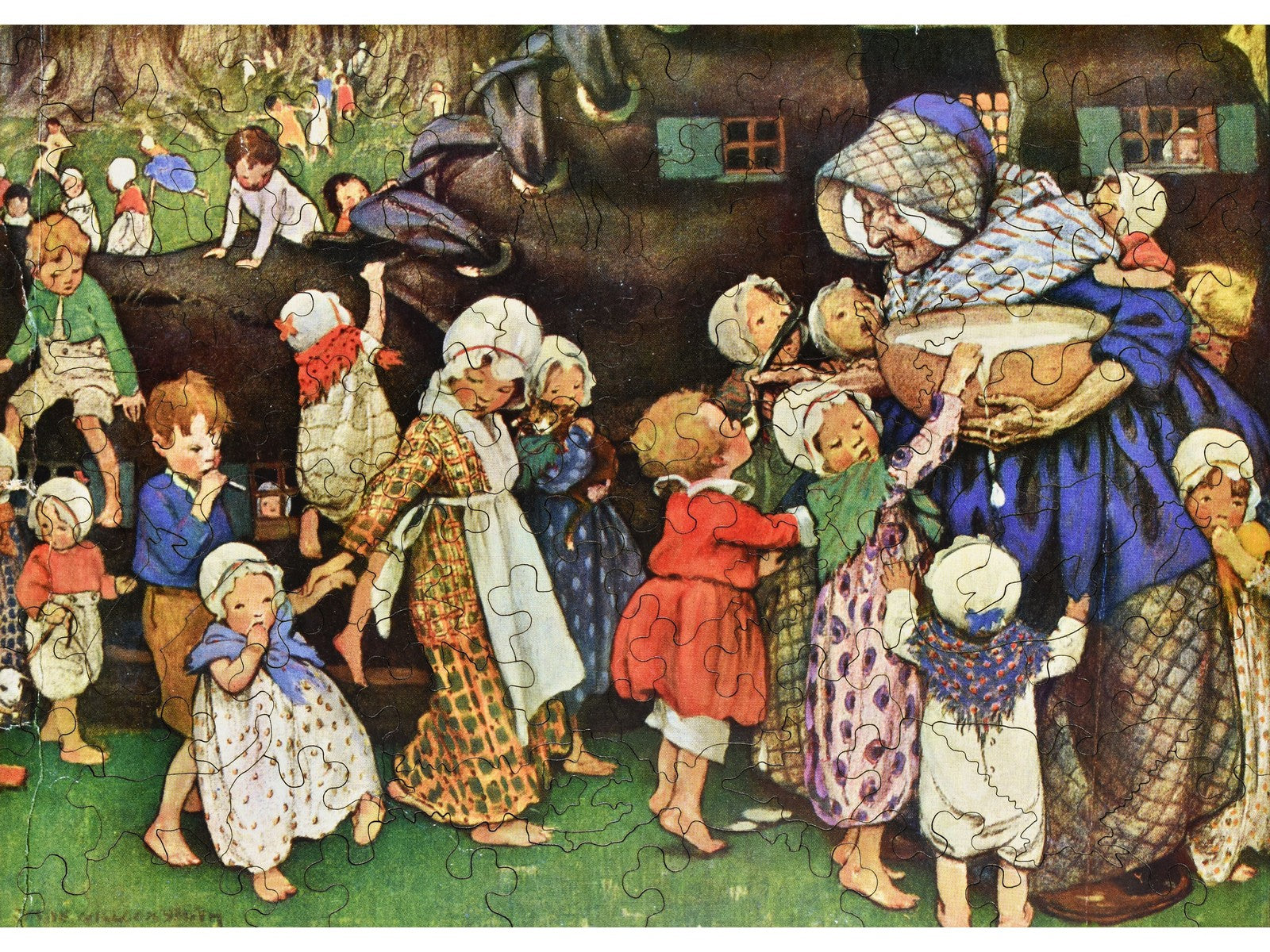 The front of the puzzle, Old Woman in Shoe, which shows an old woman and many children around a large shoe.
