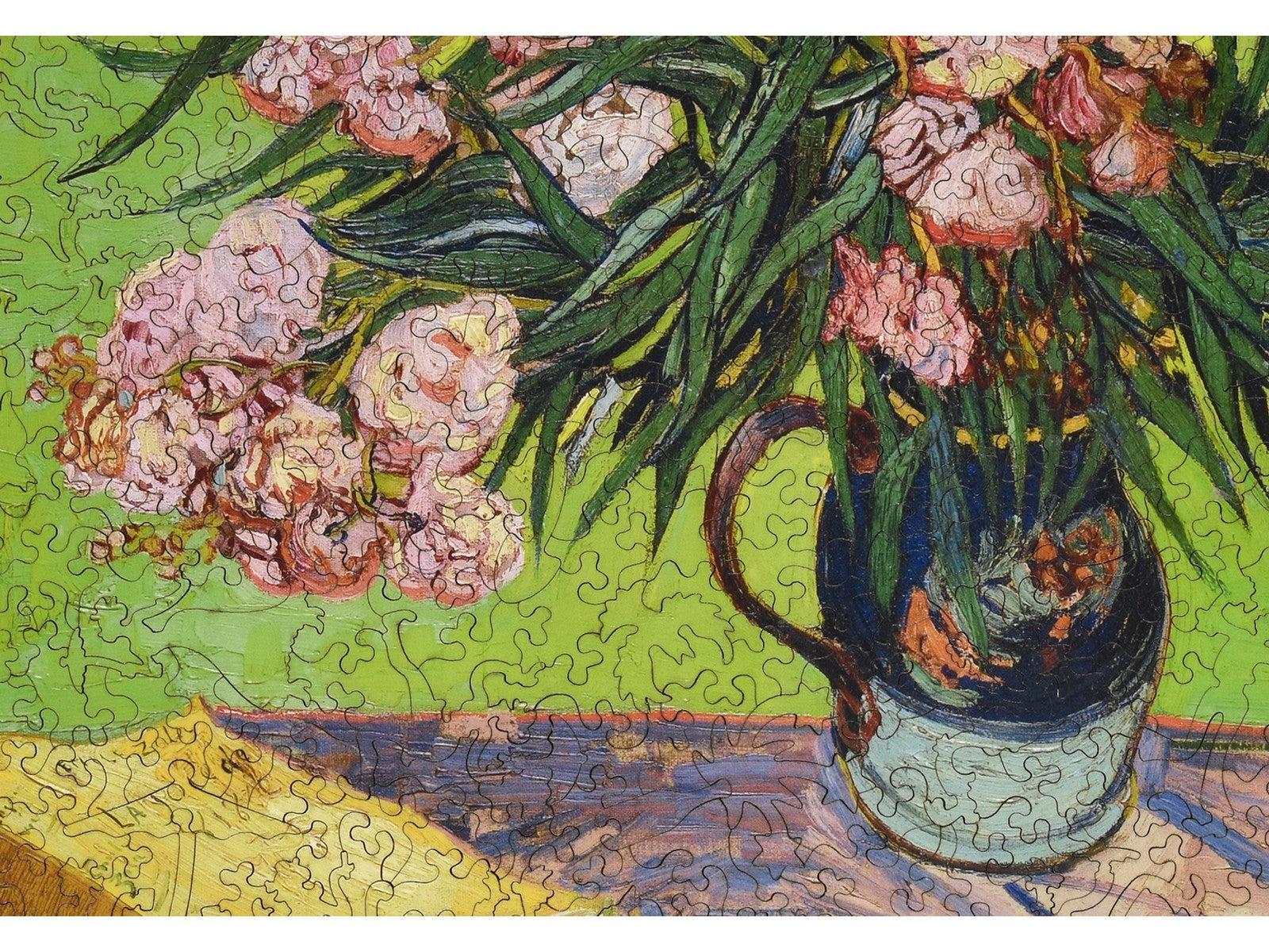 A closeup of the front of the puzzle, Oleanders, showing the detail in the pieces.