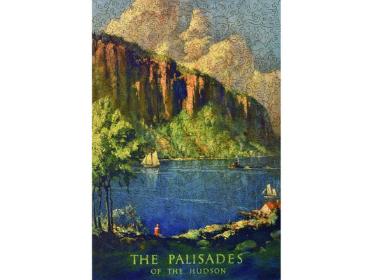 The front of the puzzle, The Palisades of the Hudson, which shows boats on a river, surrounded by cliffs.