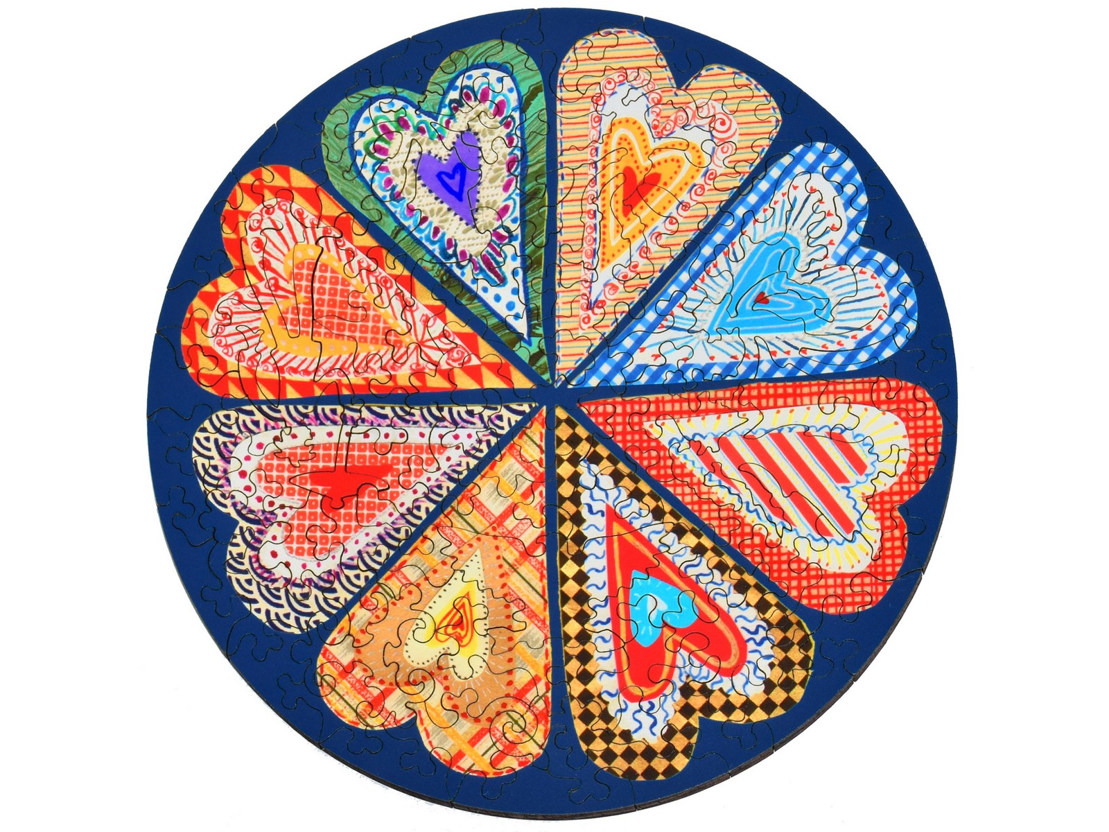 The front of the puzzle, Paper Hearts, which shows eight colorful patterned hearts.