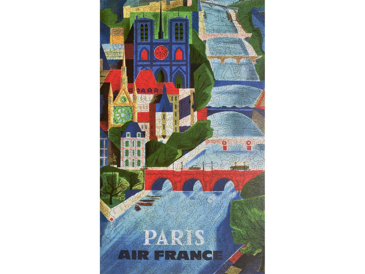 The front of the puzzle, Paris Air France showing the Seine River flowing through the city.
