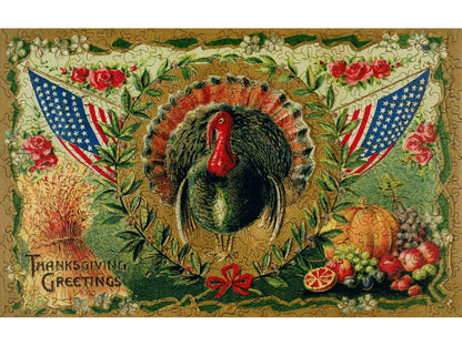 The front of the puzzle, Patriotic Turkey, which shows a turkey surrounded by american flags and an autumnal harvest, with the words, "thanksgiving greetings".