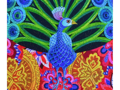 A closeup of the front of the puzzle, Peacock and Pattern, showing the detail in the pieces.