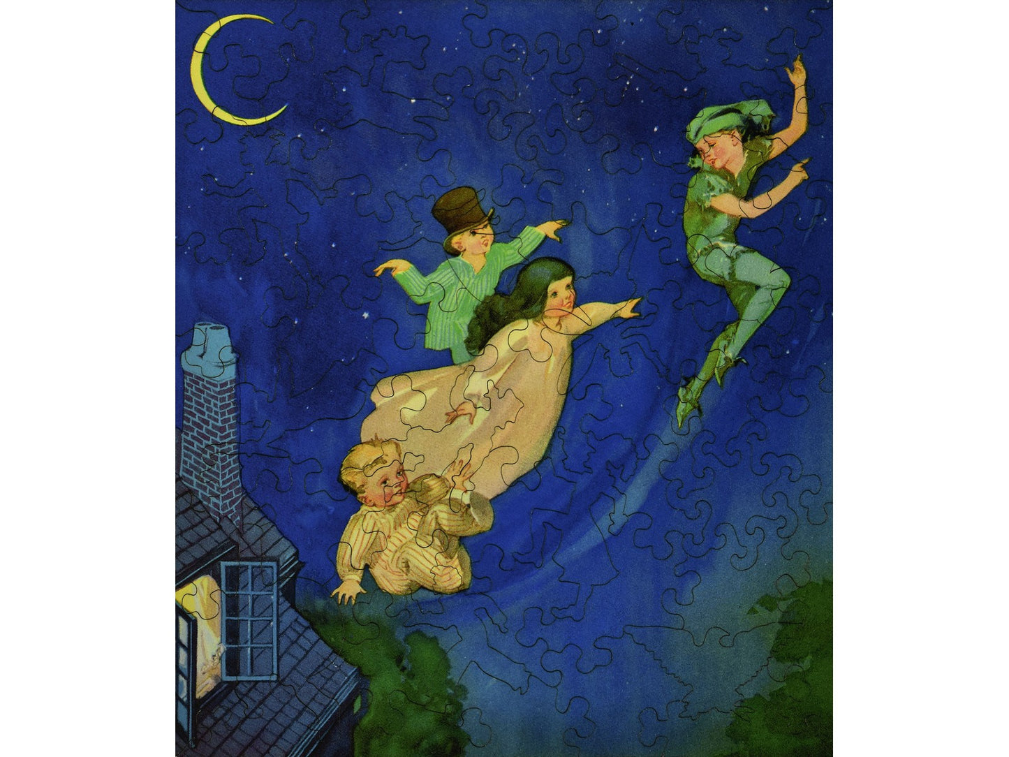 The front of the puzzle, Peter Pan Flying, which shows Peter Pan flying through the night sky with Wendy, John, and Michael Darling.