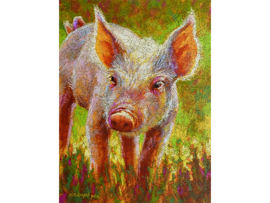 The front of the puzzle, Piggy, which shows a painting of a piglet.
