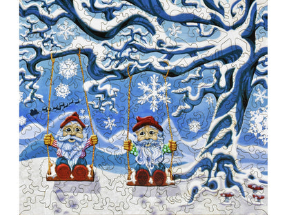 The front of the puzzle, Playin' Hookie, which shows two gnomes playing on swings in the snow.