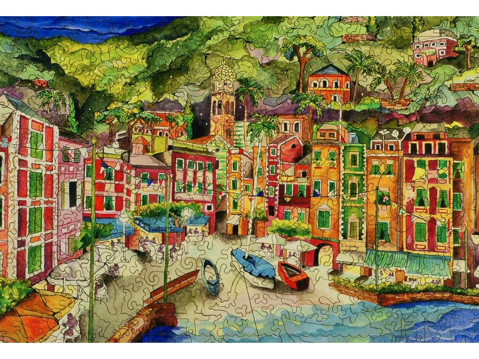 A closeup of the front of the puzzle, Portofino Italy, showing the detail in the pieces.