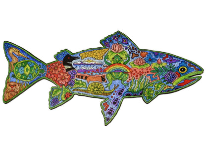 The front of the puzzle, Rainbow Trout, which shows various animals and plants in the shape of a trout.
