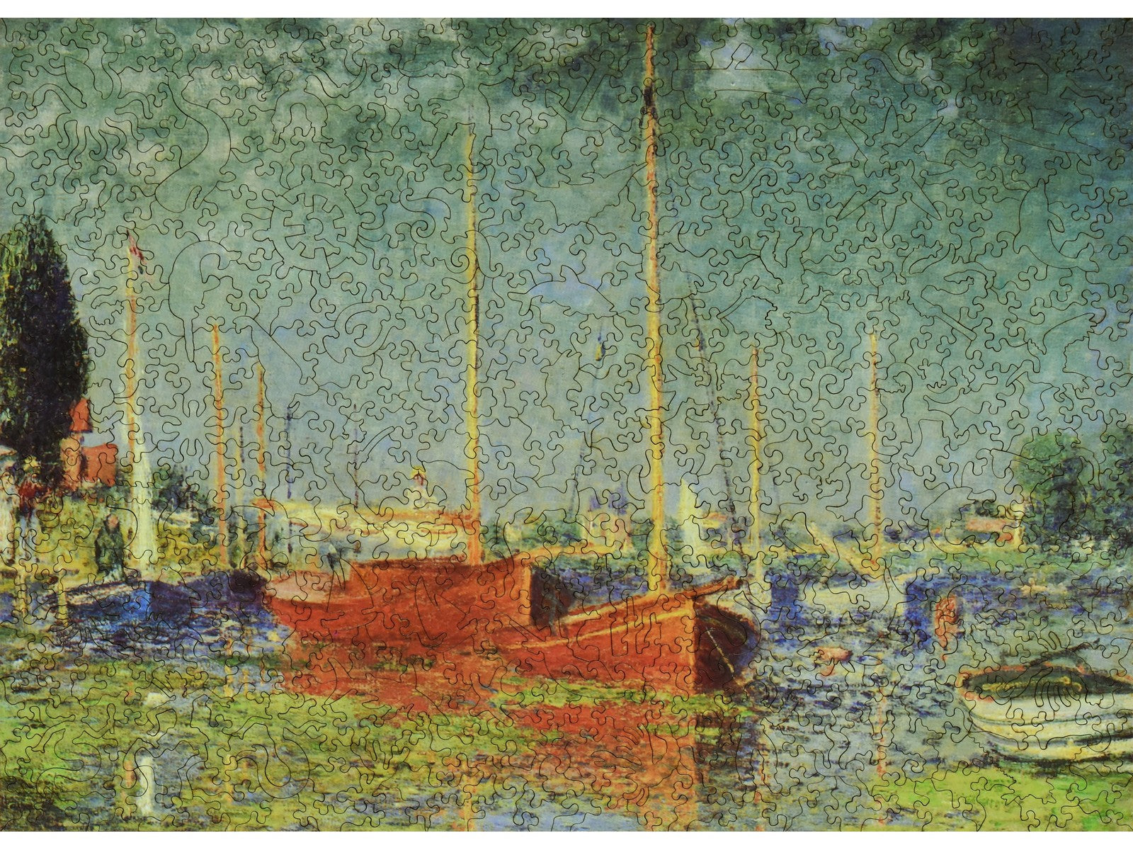 The front of the puzzle, Red Boats, which shows sailboats in a marina.