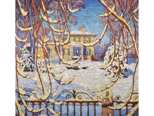 The front of the puzzle, Red Sleigh, House, Winter 1919, which shows a house in winter with a sleigh.