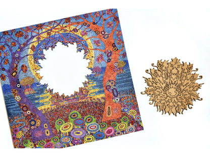 A closeup of the front of the puzzle, Return to the Welcome Hills, showing a complex whimsy piece.