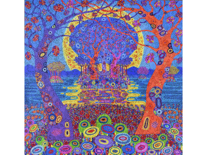 The front of the puzzle, Return to the Welcome Hills, which shows colorful shapes making up a scene of trees next to a lake.