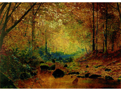 The front of the puzzle, On the River Greta, Lake District, England, showing a colorful landscape scene of a small river flowing through a forest.
