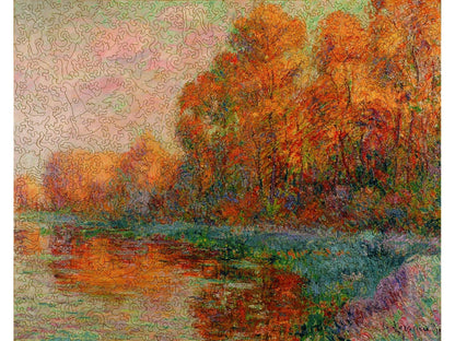 The front of the puzzle, A River in Autumn, which shows a impressionist style oil painting of a landscape scene with orange trees by a river.