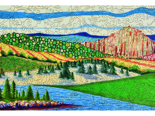 A closeup of the front of the puzzle, River Particles, showing the detail in the pieces.