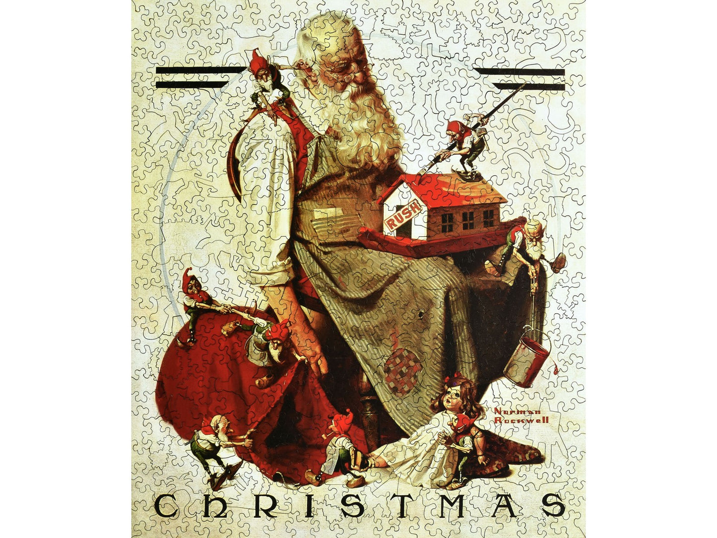 The front of the puzzle, Rockwell Santa, which shows elves helping Santa, who has fallen asleep.