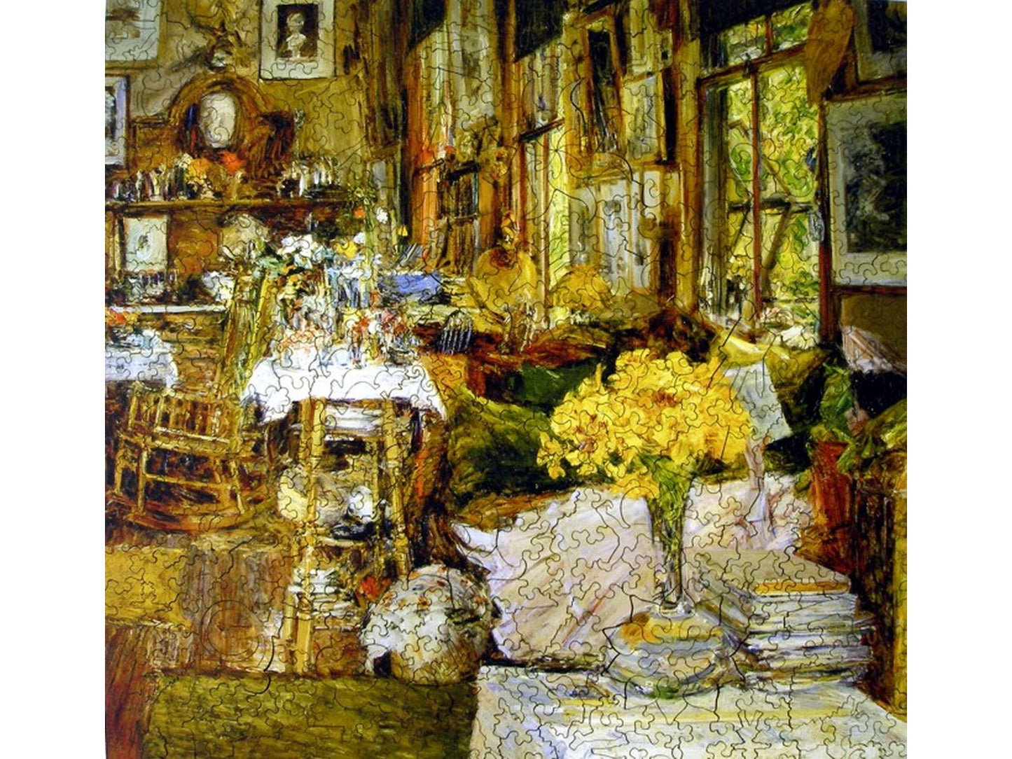 The front of the puzzle, The Room of Flowers, which shows a room with a vase of flowers.
