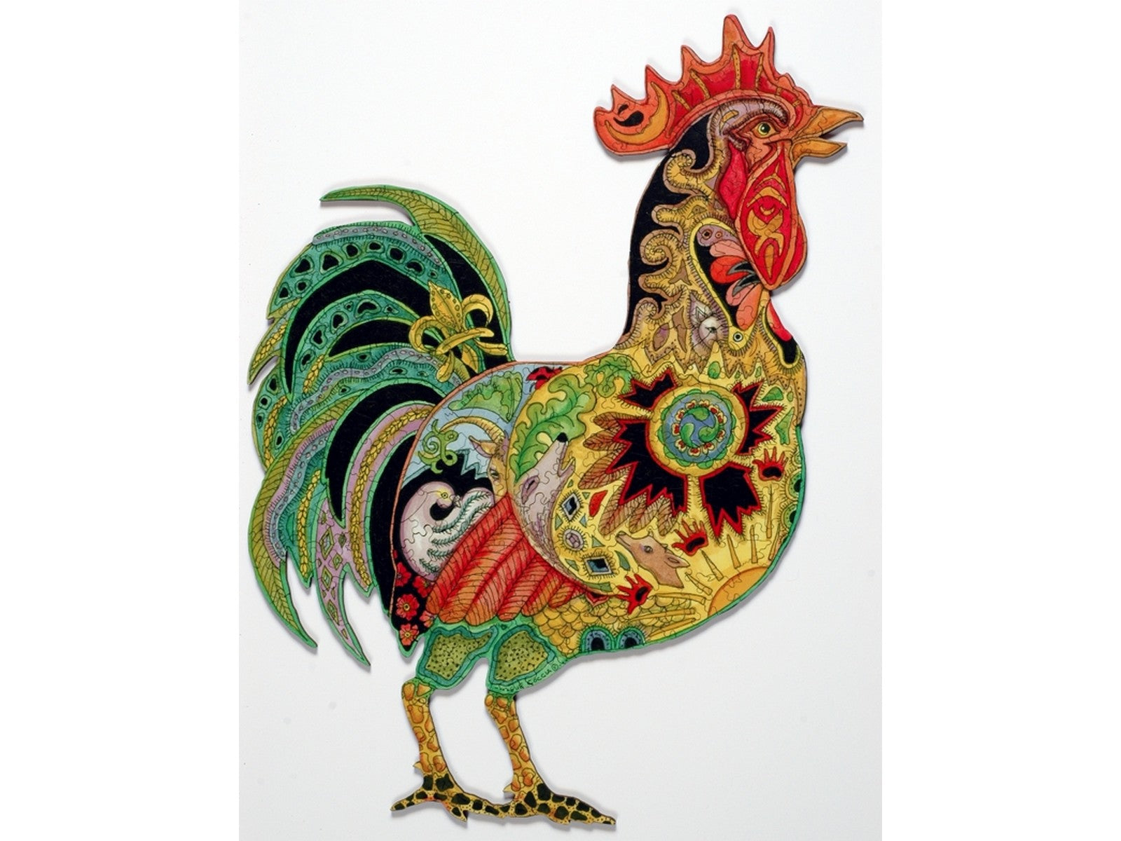 The front of the puzzle, Rooster, which shows various plants and animals in the shape of a rooster.