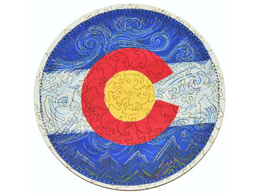 The front of the puzzle, Colorado Flag Round, which shows a round drawing of the Colorado flag.