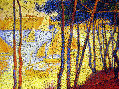 A closeup of the front of the puzzle, Sails and Pine Trees.
