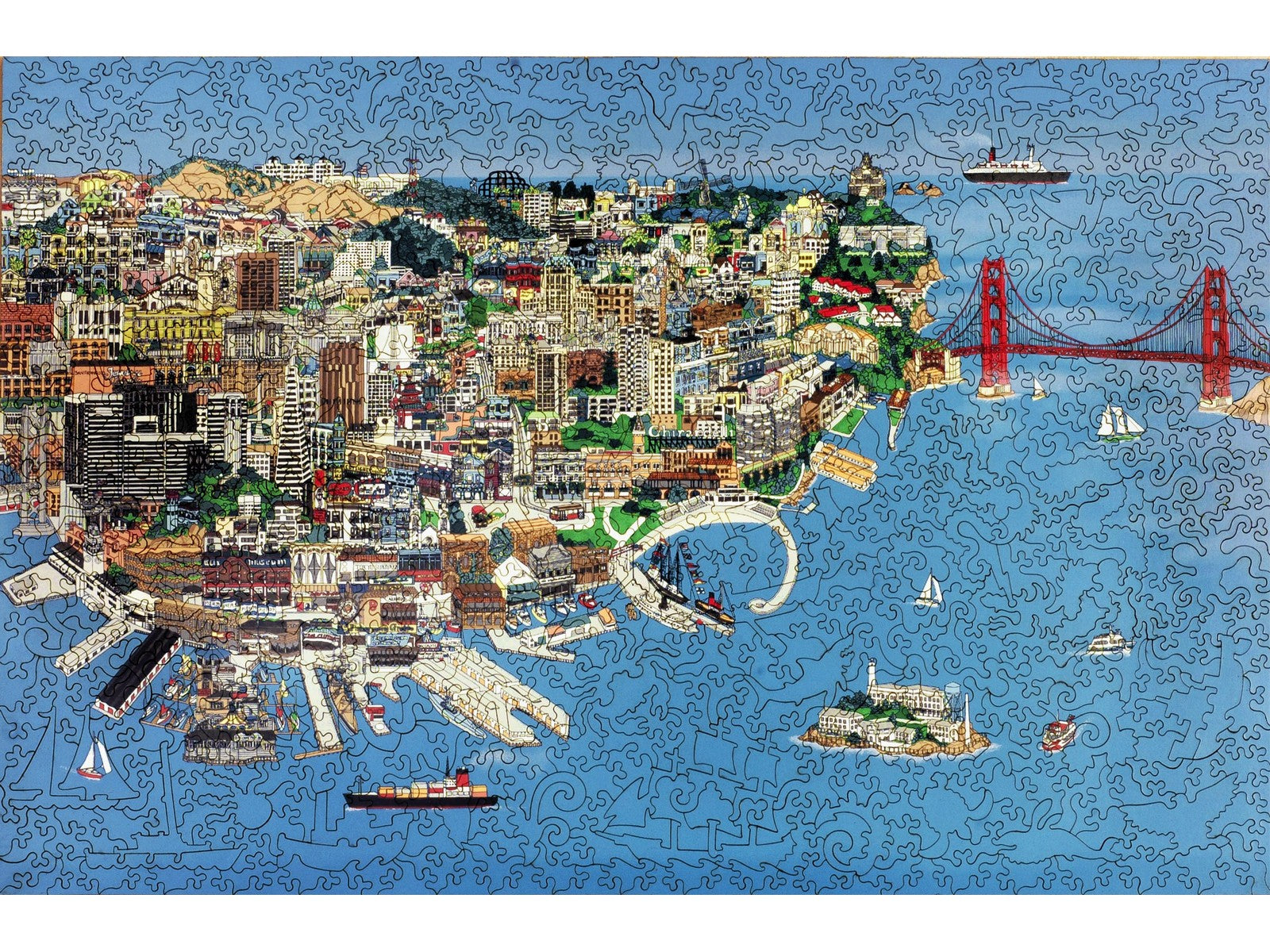 The front of the puzzle, San Francisco, which shows a drawing of the San Francisco bay area.