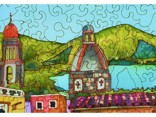 A closeup of the front of the puzzle, San Miguel de Allende, showing the detail in the pieces.