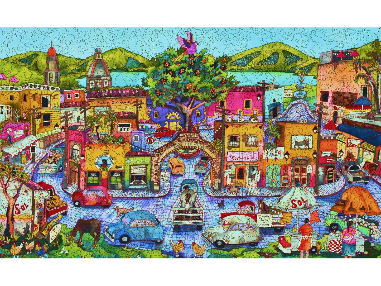 The front of the puzzle, San Miguel de Allende, which shows a colorful city street in Mexico.