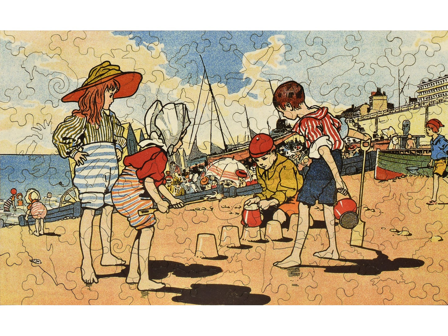 The front of the puzzle, Sand Castles, which shows a group of children playing on the beach.