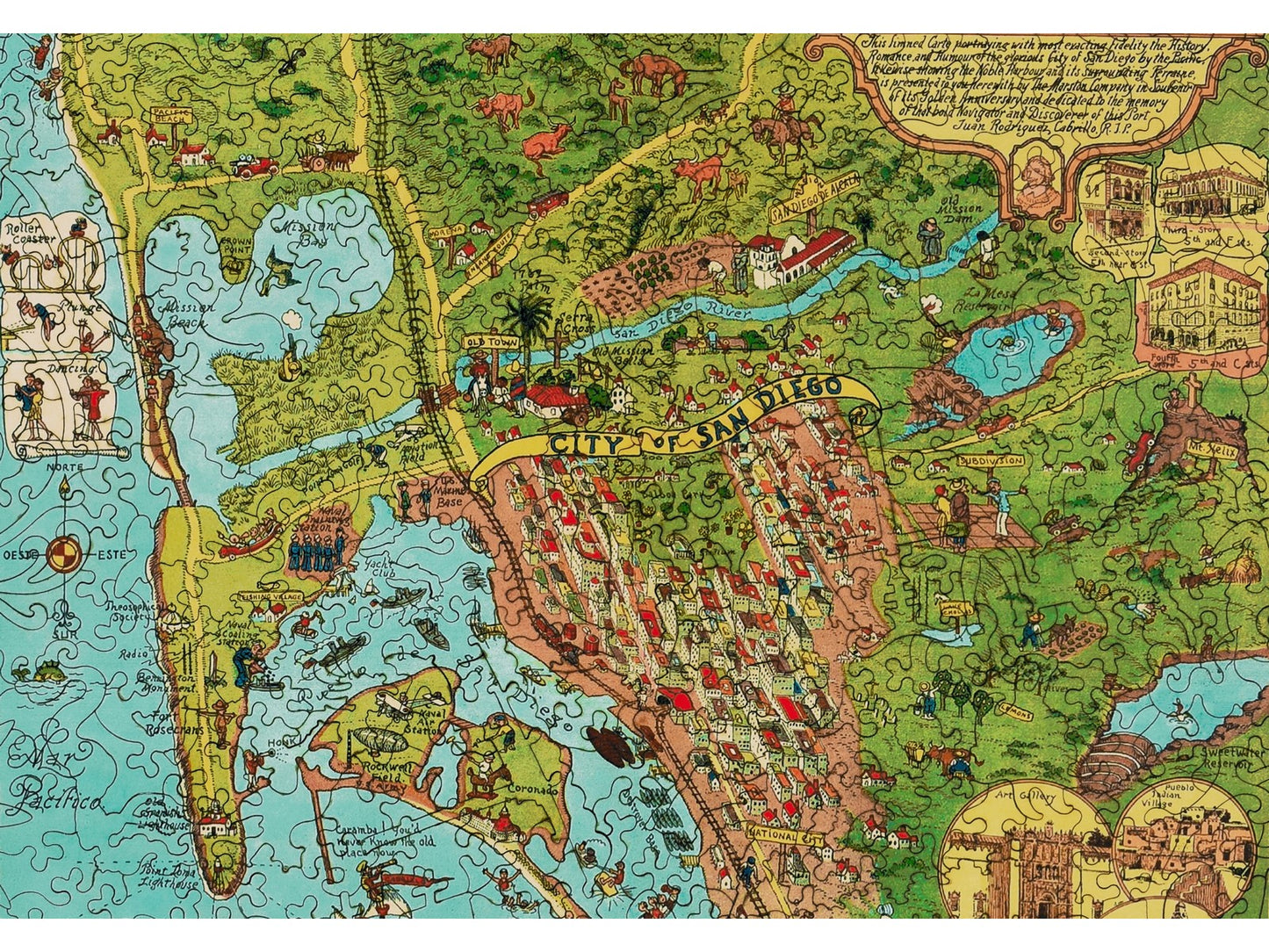 A closeup of the front of the puzzle, A Whimsical Map of San Diego, showing the detail in the pieces.