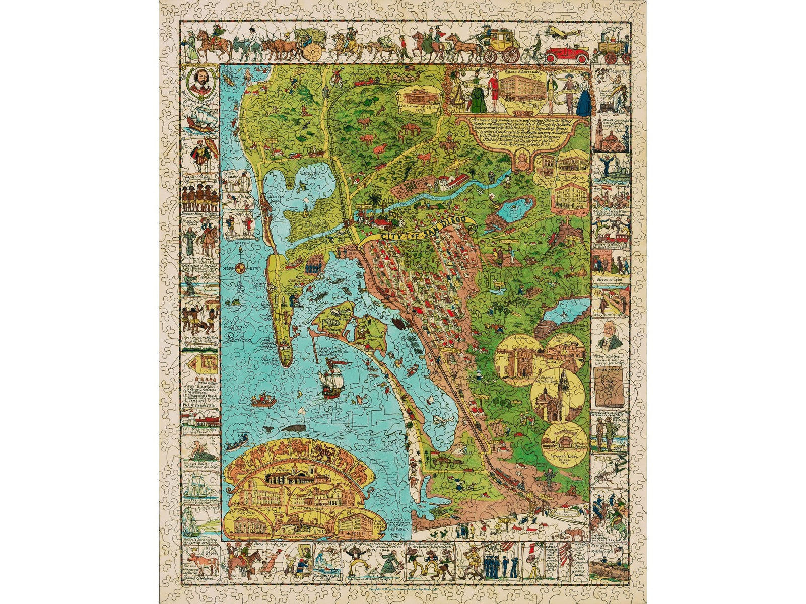 The front of the puzzle, A Whimsical Map of San Diego, which shows an old map of the San Diego area.