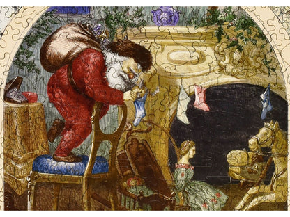 A closeup of the front of the puzzle, Santa Claus and His Works.