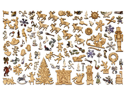 The whimsy pieces that can be found in the puzzle, Santa Claus and His Works.
